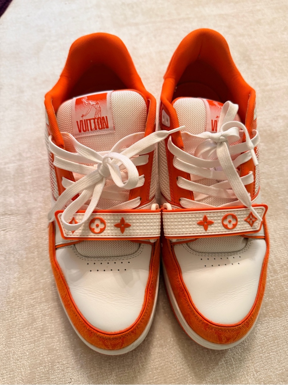 Louis Vuitton White & Orange Low-Top Sneakers with Monogram Strap